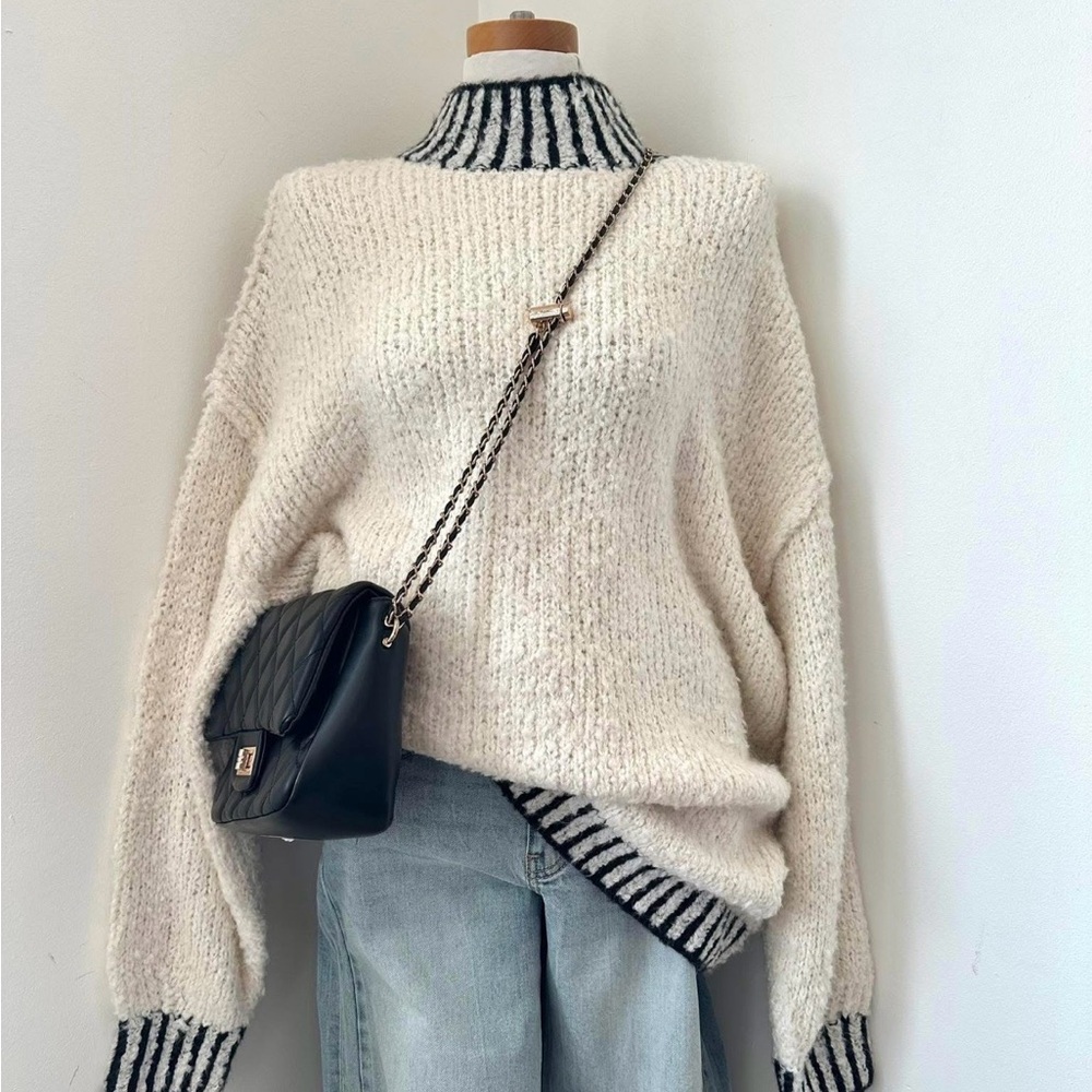 She + Sky Ivory Turtleneck Sweater with Charcoal Stripes